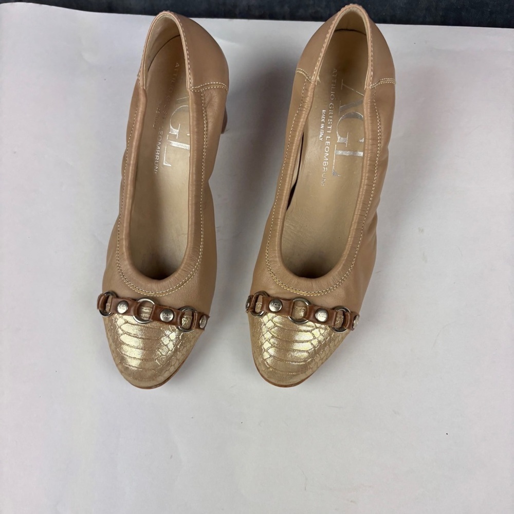 Agl Tan and Gold Heels 2.5” with Classic Elegance Sz38